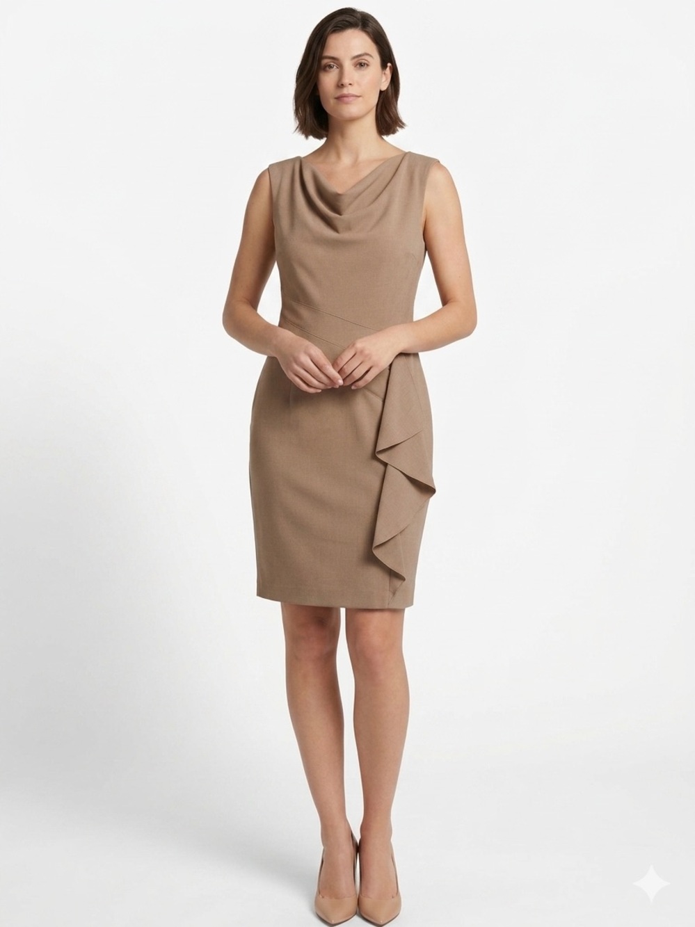 Jones Wear Taupe Sleeveless Cowl-Neck Ruffle Sheath Midi Dress